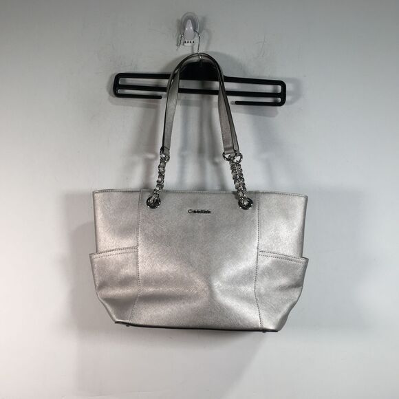Women's Calvin Klein Chain Saffiano Leather Tote Size 16"L x 4.5"W x 10"H - Silv - Picture 6 of 14